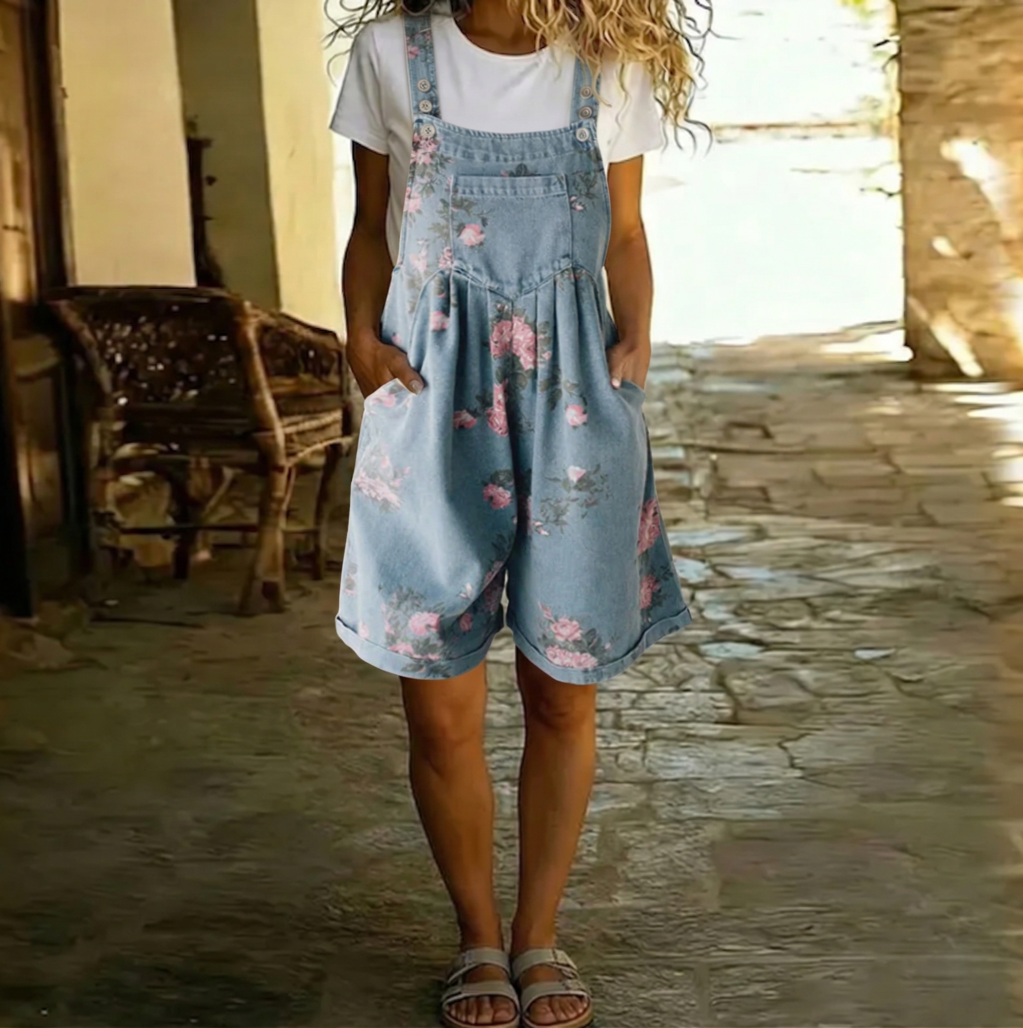 Judy | Vintage Washed Soft Cotton Feel Denim Λουλουδάτο Ολόσωμο Σακάκι