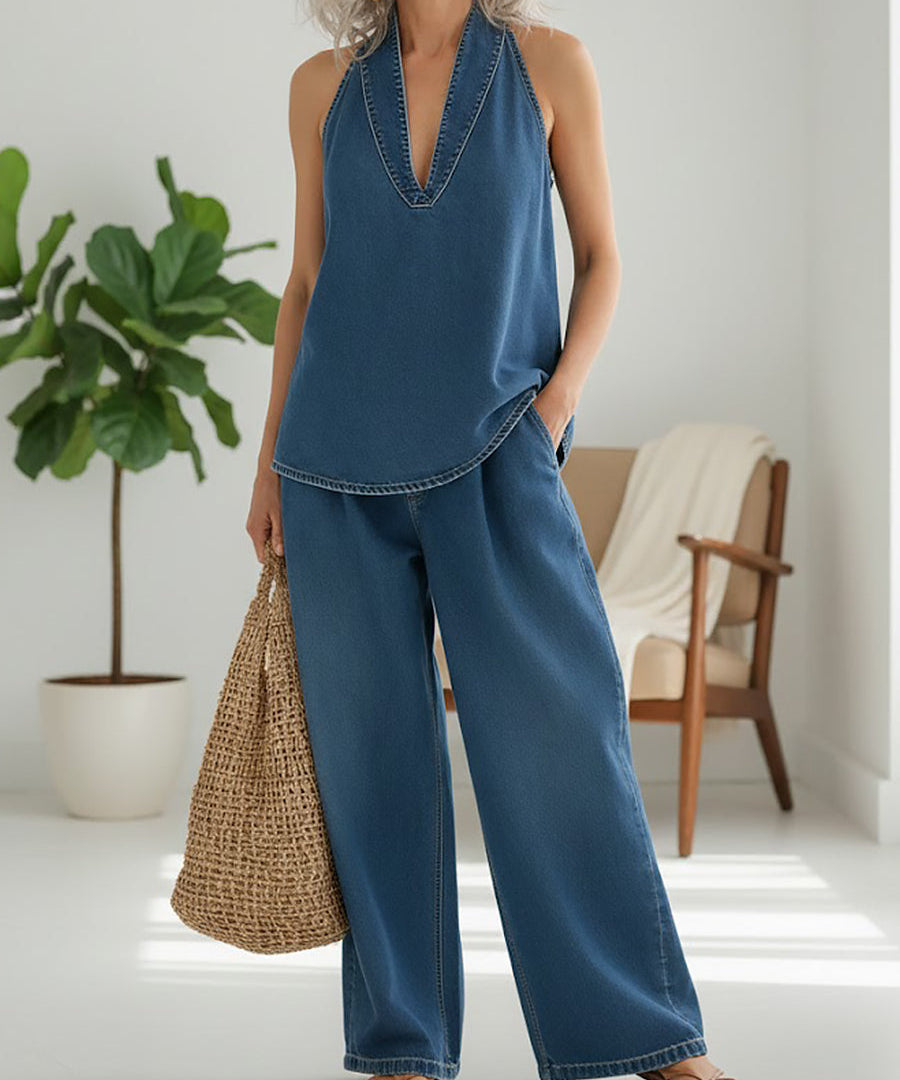 Ιβυ | Vintage Washed Soft Denim-Look Δίδυμο Σετ
